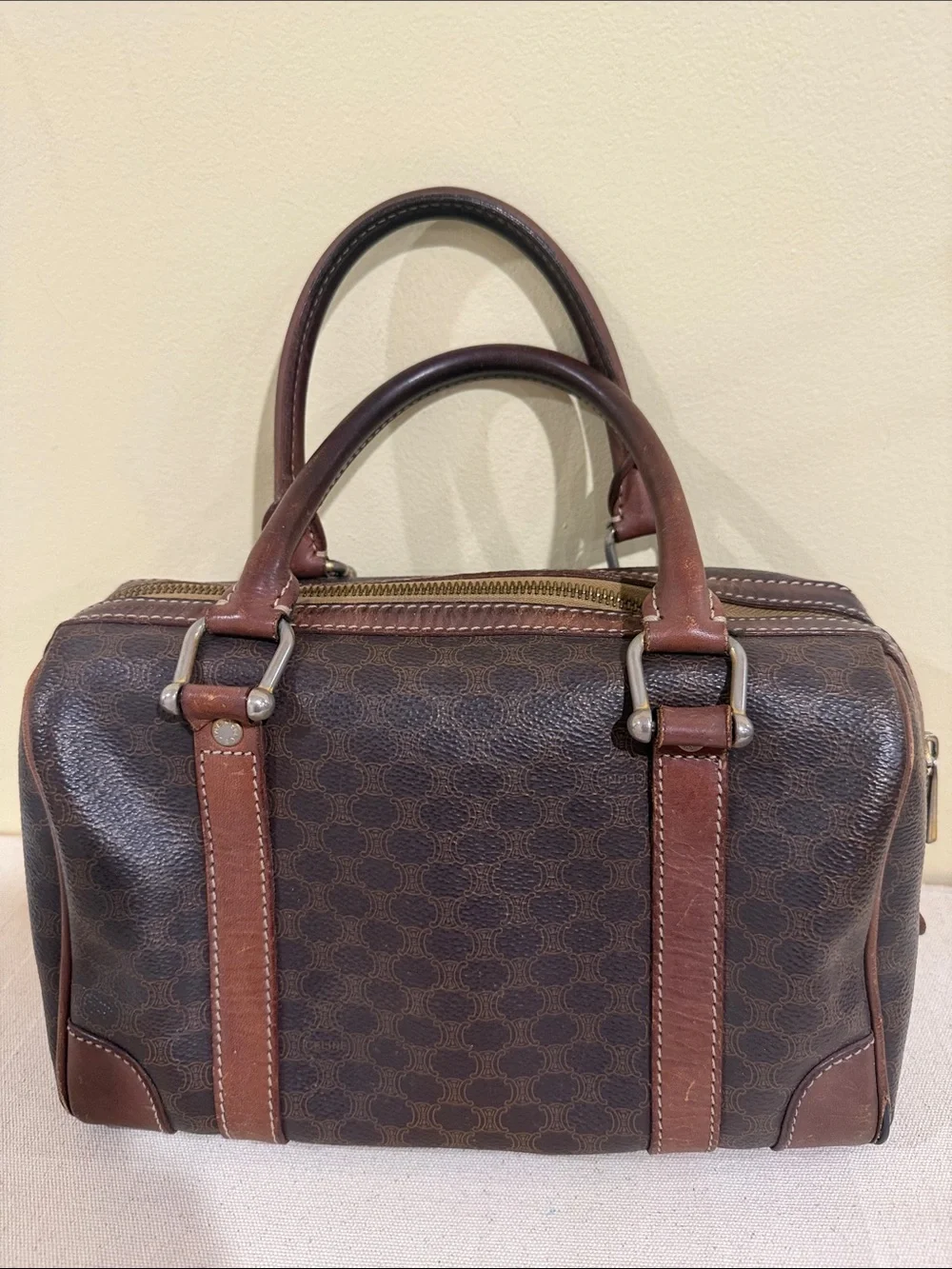 Vintage Celine Coated Canvas and Leather Bowling Bag authentic Celine monogram
